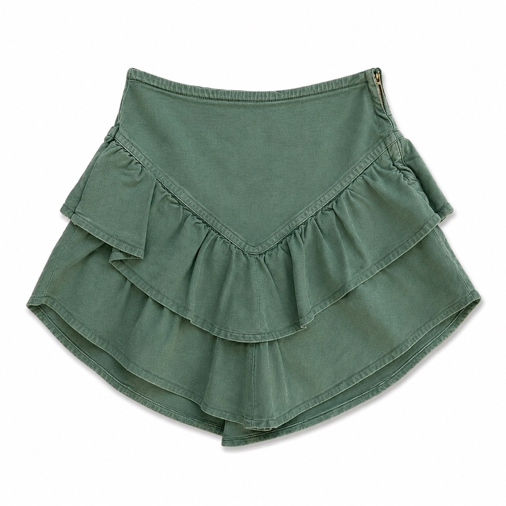 MOTHER The Ruffle Mini Skirt Loden Frost Green Tiered Denim Revolve EUC